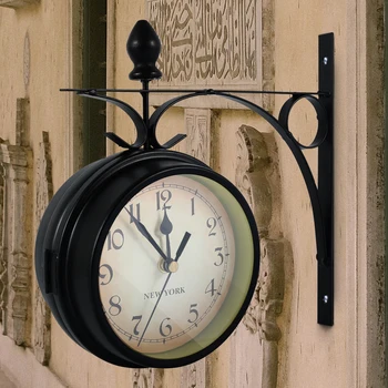 יצירתי שעון קיר רטרו דו צדדי תחנת השעון מופעל על סוללה שקט קיר רכוב עיצוב שעונים עבור הסלון לחדר השינה