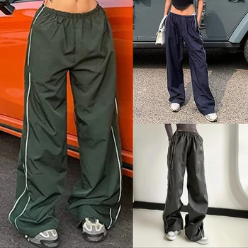 כותנה באורך רצפת מכנסי שרוך נקבה מכנסיים רחבים אלסטי המותניים חופשי Y2k סגנון רך לנשימה ללבוש יומיומי