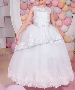 לבן פרח ילדה שמלת תחרה אפליקציה ילדים מסיבת חתונה שמלות חדשות בגדי ילדים הנסיכה שמלת ההתייחדות הראשונה
