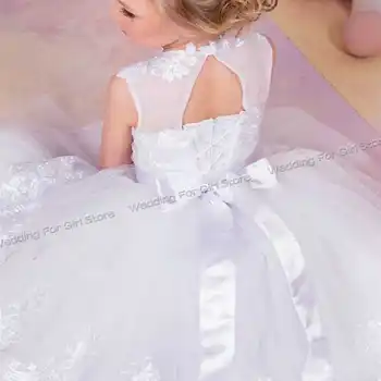 לבן פרח ילדה שמלת תחרה אפליקציה ילדים מסיבת חתונה שמלות חדשות בגדי ילדים הנסיכה שמלת ההתייחדות הראשונה