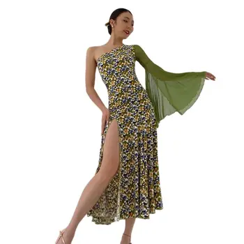מבוגרים סמבה רומבה צ ' אצ ' ה הריקוד הלטיני תחרות בגדי נשים, אחת שרוול הלטינית העליון לפצל את החצאית ריקודים לטיניים תחפושת SL8562
