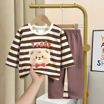 מודפס דוב תינוק חמוד עם שרוולים ארוך להגדיר אביב/סתיו הפעוט תחתונים 2pc/סט חולצות + מכנסיים ילדים ילדה ילד בגדים חליפות פיג ' מה