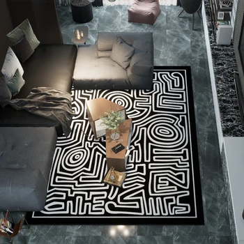 מודרני בסגנון פשוט שטיח שחור-לבן מבוך קווים גיאומטריים מודפס עיצוב הבית שטיחים שטח המטבח, חדר השינה ליד המיטה מחצלת דלת