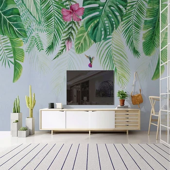מותאם אישית קיר בעיצוב ציור 3D הטרופית צמח ירוק עלים פרח ציפור ציור תמונת טפט עבור חדר השינה, הסלון רקע הטלוויזיה