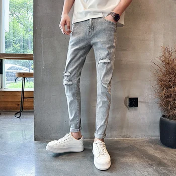 מכנסיים גבר אופנה חדש Slim Fit קרע ג 'ינס מכנסיים לגברים, ביגוד 2023 כל התאמה נוח במכנסי ג' ינס מכנסיים אפור למכירה