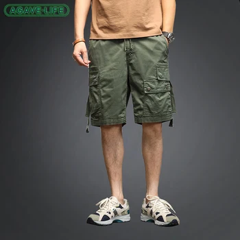 מכנסיים קצרים של הגברים קיץ רב-כיס מכנסיים קצרים ישר באורך הברך מכנסי גברים מוצק צבע ספורט בינוני מכנסיים חיצונית אופנה מכנסיים קצרים