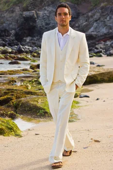 מסוגנן בצבע בז ' מצעים 3 חלקים חליפה של גבר מושלם לקיץ החוף חתונות, אירועים מזדמנים, וגם לאירועים רשמיים
