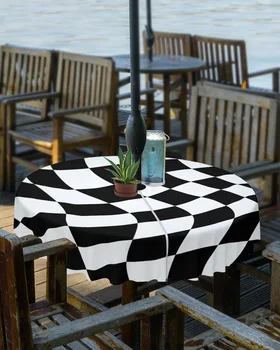 משובץ שחור לבן סריג חיצונית מפת שולחן עם מטריה חור עם רוכסן עמיד למים פיקניק פטיו שולחן עגול לכסות