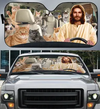 נהיגה ישוע, חתול אוטומטי השמשה שמש, צל חיה מצחיק אישית מתקפלת מגן השמש מגן שמשיה עבור רכב שטח