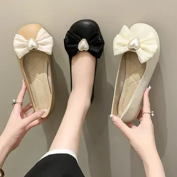 נעלי נוחות לנשים של ראש עגול רדוד הפה אופנה דירות הכל נעליים מזדמנים קשת אוהב דקורטיבי יחיד נעליים