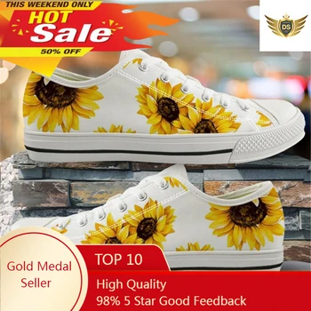 נעלי ספורט בשביל אישה יפה פרח צהוב, חמניות נמוך גבי לבן & שחור נעלי בד מעצב ליידי נעליים נעליים פארא חברות