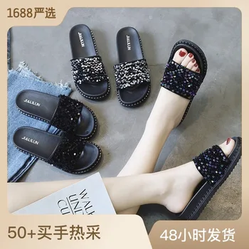 נצנצים אופנה נעלי נשים קיץ הגירסה הקוריאנית של עבה פלטפורמת נעלי פלטפורמה חדשה שטוחות מילה אחת
