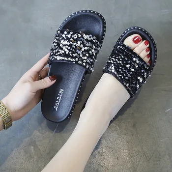 נצנצים אופנה נעלי נשים קיץ הגירסה הקוריאנית של עבה פלטפורמת נעלי פלטפורמה חדשה שטוחות מילה אחת