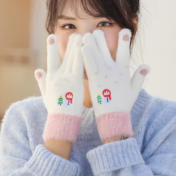 נשים חורף חם סרוגים קטיפה כפפות חמוד שלג רקמה מסך מגע מלא אצבעות כפפות בנות Windproof פרוותיים, כפפות