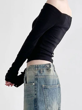 נשים יבול צמרות כתף שרוול ארוך חולצת Slim Fit בסיסי מקסימום חולצה Y2K יוצא אופנת רחוב