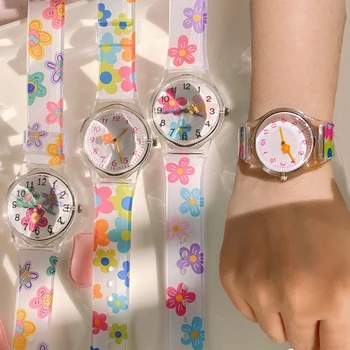 נשים מצויר פרח השעון קוורץ שעון עמיד למים שעון יד סיליקון בנות אופנה תלמיד אולטרה דק הלהקה שעונים Relogio