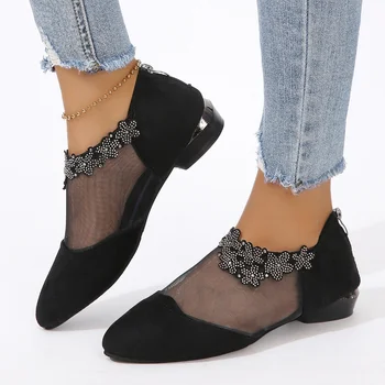 נשים נעליים בודד רשת חלולה מחודד בוהן שטוח סנדלי קיץ חדש ריינסטון קישוט בתוספת גודל נשים נעלי נעליים Mujer