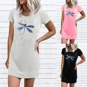 נשים צוואר צוות יצירתי מודפס חולצת טי, שמלות קיץ, שרוול קצר רופף מתנדנד טוניקה, שמלה שמלת קיץ