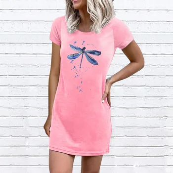 נשים צוואר צוות יצירתי מודפס חולצת טי, שמלות קיץ, שרוול קצר רופף מתנדנד טוניקה, שמלה שמלת קיץ