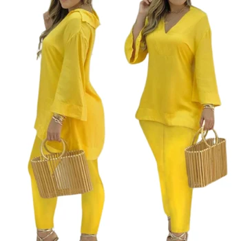 נשים קיץ 2 חתיכה תלבושות בנות חופשי צבע מוצק אופנה להגדיר עבור נשי מזדמן תאריך הליכה