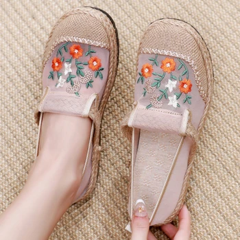נשים רטרו רקום פרחים נעליים נוחים לנשימה רשת נעלי אתני סגנון אופנה נעליים שטוחות נעליים פארא Mujer