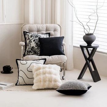 סגנון מודרני אקארד כרית כיסוי 45x45CM שחור-לבן עם פסים עץ כריות נוי אור יוקרה בית ספה מבד