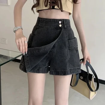 סגנון קוריאני גבוה מותן חצאית נשים מכנסיים קצרים 2023 הקיץ כיסי מכנסי ג ' ינס קצרים אישה כפולה על לחצן קו חצאית מכנסיים נקבה