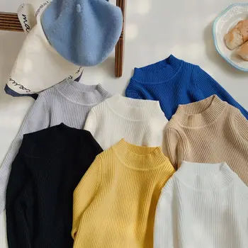 סיטונאי 2023 סתיו חורף ילדים מוצק סוודרים שרוול ארוך בסיסי העליון ממתקים צבע בייבי בנים בנות ללעוג צוואר סרוגים החולצות.