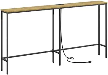 סנטימטר מסוף השולחן עם שקע חשמל,מודרני צר, ארוך ספה שולחן מאחורי הספה,רזה כניסה שולחן שחור עם מסגרת מתכת על En