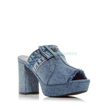 סקסי ג ' ינס פלטפורמת הבוהן ציוץ פרד סנדלי נשים עבות העקב גבוה כפתור עיצוב נעלי קיץ 2023 הגברת להחליק על נעליים