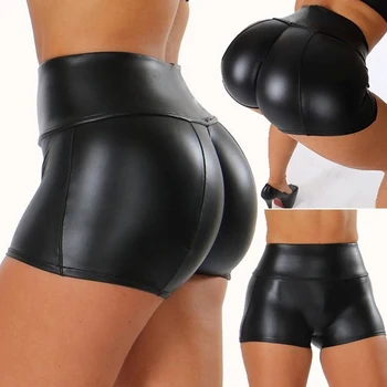 סקסי נשים Pu עור קצרים מבריק אלסטיות גבוהה המותניים הנוצץ פו מכנסיים קצרים סלים חם ריקוד Clubwear מיני קצרים 2023
