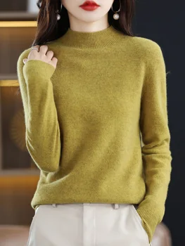 סתיו חורף בעדינות מדומה-צוואר מוצק סוודר סוודר עבור נשים 100% צמר מרינו הנשי הבסיסי קשמיר סריגים אופנה חדשה מקסימום