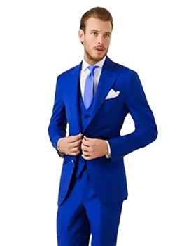 עיצוב חדש כחול רויאל Mens חליפות חתונה תלבושת מעיל מכנסיים חליפות שיא דש ללבוש למסיבה אדם מתאים 3Pcs(ז ' קט+מכנסיים+וסט)