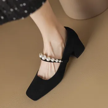 פו זמש מרי ג ' יין משאבות נשים נעלי מחרוזת חרוז מרובע העקבים נעלי שמלה שחורה להחליק על נעליים Mujer אביב סתיו 1553C