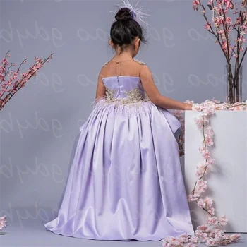 פרח ילדה שמלות חמוד סאטן ללא שרוולים אפליקציה רך הטקס הראשון נשף יום המסיבה שמלת מותאמים אישית