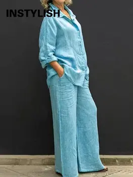 פשתן דש שתי חתיכות להגדיר סתיו בציר מוצק צבע שרוול ארוך כפתור החולצה החולצה נשים מזדמנים חופשי ישר חליפות מכנסיים