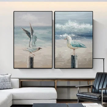 ציפורים החוף נושאים מרגיעה לבן כחול שחף הקיר ציור אמנות הדפסי בד החוף חיה את התמונה בסלון Cuadros