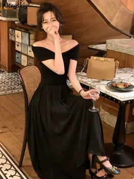 קו נטוי הצוואר שמלות נשים שחור קרסול-אורך מזג קיץ צרפתי בסגנון וינטאג ' מתקפל עיצוב עדין נקבה מסיבת ליל שיק
