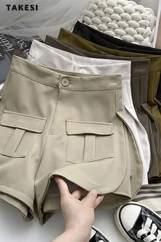 קוריאה סגנון מקרית גבוהה המותניים אופנת רחוב כיסי מכנסיים קצרים 2023 קיץ נשים ברחוב מוצק צבע מתאים רופף חמאה לעוף קצרים.