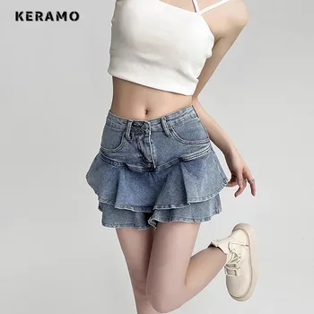 קוריאני Y2K בסגנון Harajuku גבוהה המותניים סגנון רחוב ג 'ינס חצאיות 2023 הקיץ של נשים סקסי, רזה Hotsweet ג' ינס חצאית Tierred