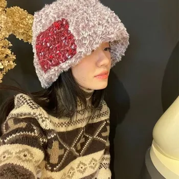 קוריאני בחורף סוודר כובע חיקוי פרווה ארנב האוזן הגנה חמים יד סרוג מעובה התאמת צבע דלי כובע לנשים
