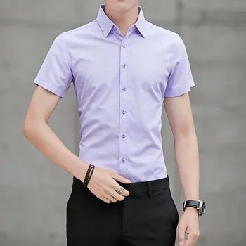 קיץ אופנה קוריאנית חולצות לגברים קצר עם שרוולים רזה צבע מוצק נוער רזה חולצה שחורה ללא גיהוץ בגדי גברים