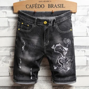 קיץ גברים של סלים למתוח קצר ג 'ינס הדרקון סינית רקמה דפוס מכנסי ג' ינס קצרים שחור אפור קרע אופנה גברית.