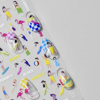 קיץ חוף ביקיני בנות גלישה פלמינגו Monstera 5D מובלט תבליטים דבק עצמי נייל ארט מדבקות שיק 3D מדבקות מניקור