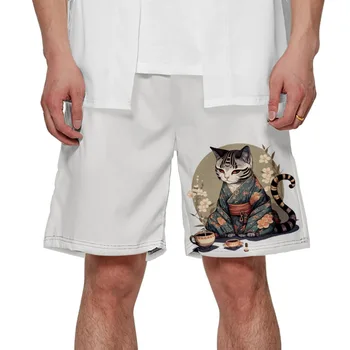 קיץ לבן חתול חמוד הדפסה קצרים גברים כדורסל קצרים אופנת רחוב היפ הופ חופשי יבש מהירה במכנסיים קצרים.