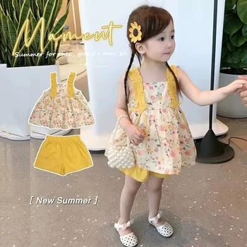 קיץ לילדים בגדים סטים חדשים ילדה תינוק פרח רצועה שני חלקים חצאית אופנה קוריאנית תלבושת וחולצת כותנה צהוב לימון