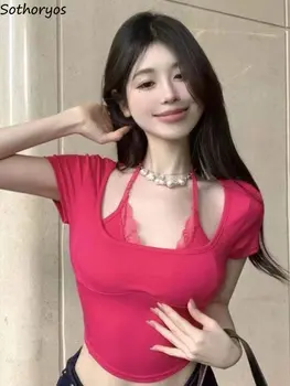 רוזי מזויף שני חלקים חולצות נשים סקסי הלטר Hotsweet הקיץ יבול מקסימום סלים כל-התאמת סגנון קוריאני נקבה פשוטה פופולרי חדש