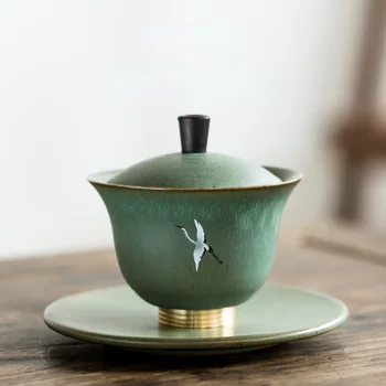 רטרו Gaiwan כוס תה בכוסות קרמיקה, צלחת מעופפת הסיני קונג פו ערכת תה Gaiwan Handpainted Teaware בעבודת יד תה קערה Tureens ערכת תה