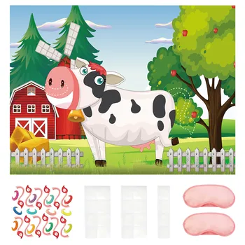 רקע מסיבת יום הולדת משחק פוסטר לילדים מתנות קיר בעיצוב עם 24 מדבקות הביתה מכסה עין חוות חיות להדביק את הזנב על פרה