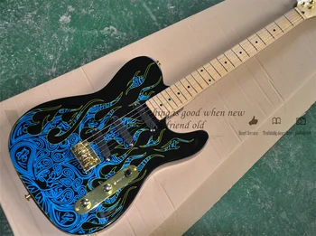 שחור גיטרה חשמלית כחול אש דפוס טיליה הגוף צוואר מייפל קבוע זהב גשר פנינה נוב